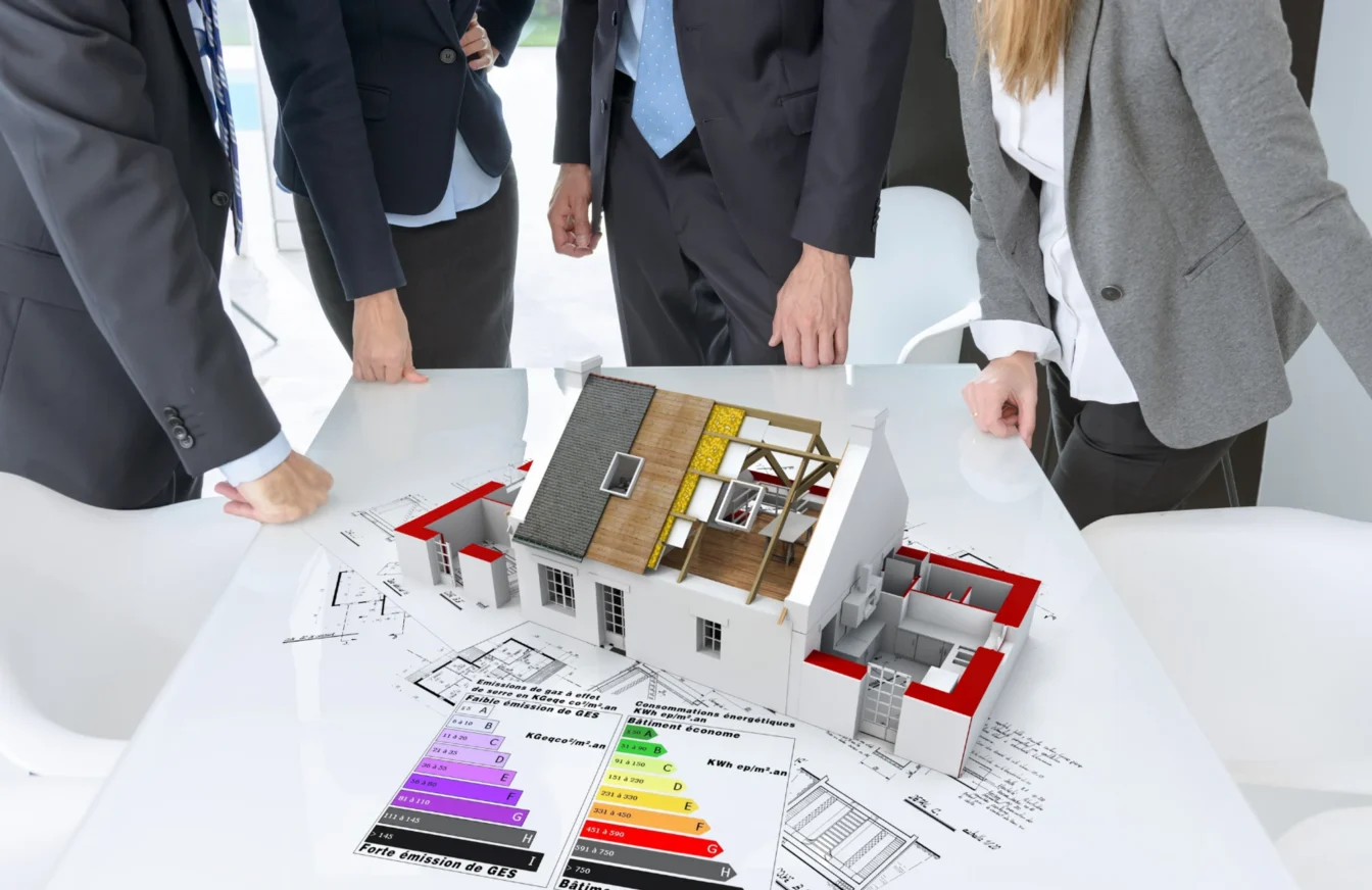 Imagen de una maqueta y planos de una casa sobre una mesa rodeada por un grupo de profesionales y técnicos