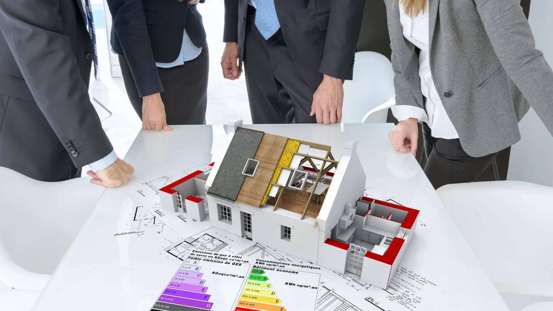 Imagen de una maqueta y planos de una casa sobre una mesa rodeada por un grupo de profesionales y técnicos