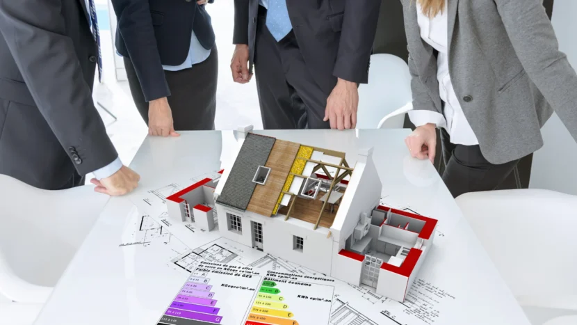 Imagen de una maqueta y planos de una casa sobre una mesa rodeada por un grupo de profesionales y técnicos